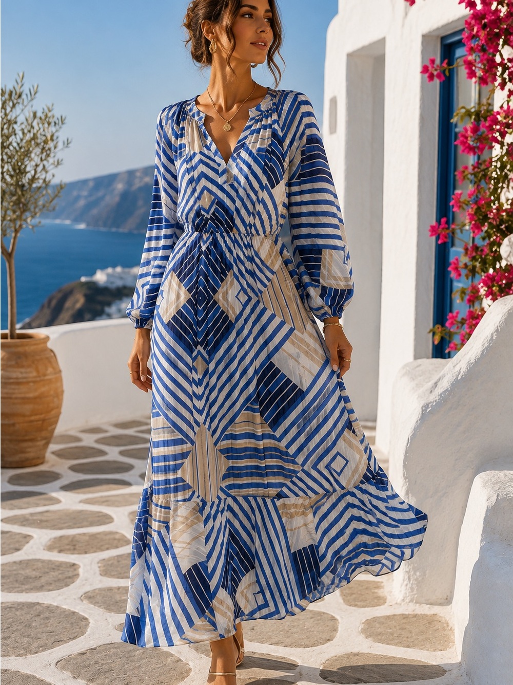 CIEBON Geometric Stripe Maxi Dress Small Blue White Beige Long Sleeve Boho